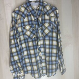 American Eagle vintage fit blue yellow plaid pearl snap long sleeve shirt medium